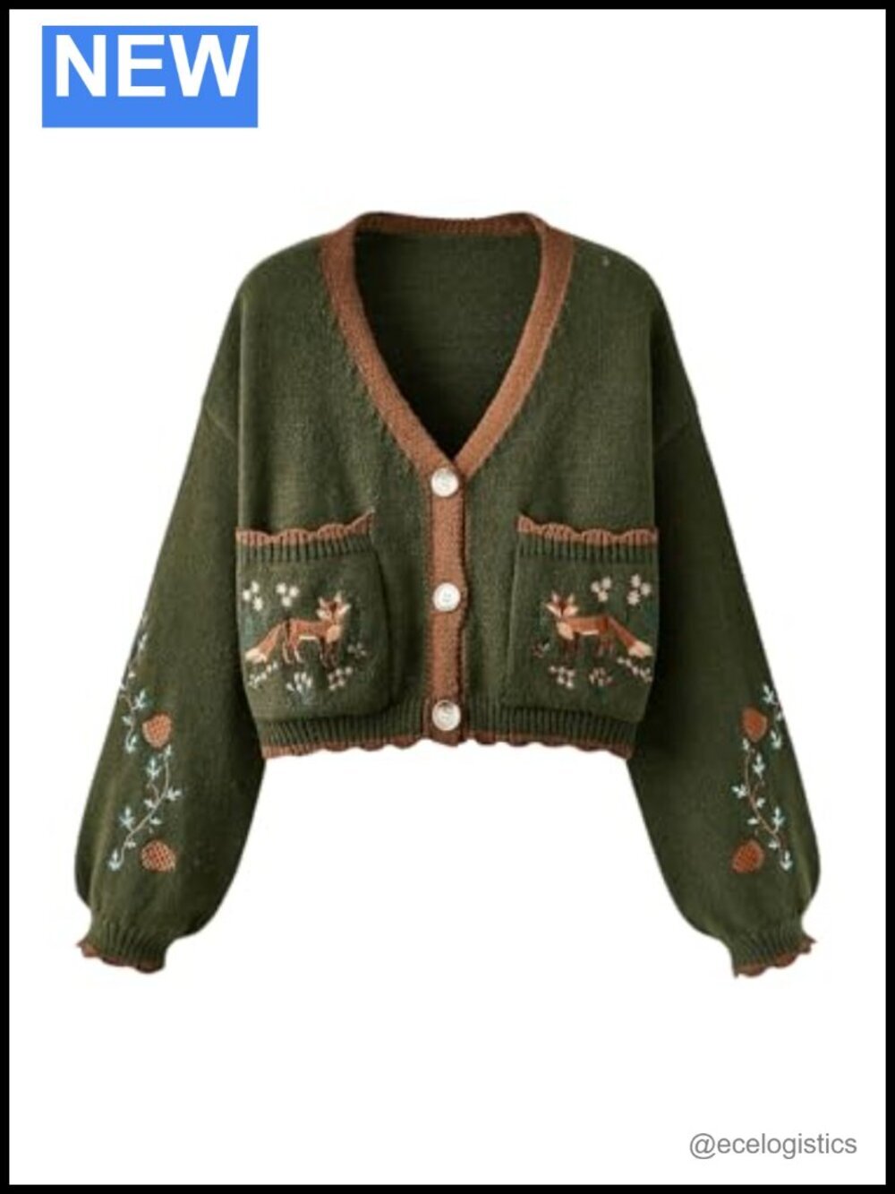 Boho Cropped Cardigan Button Up Sweater CottageCore Floral Fox Embroidered Cute